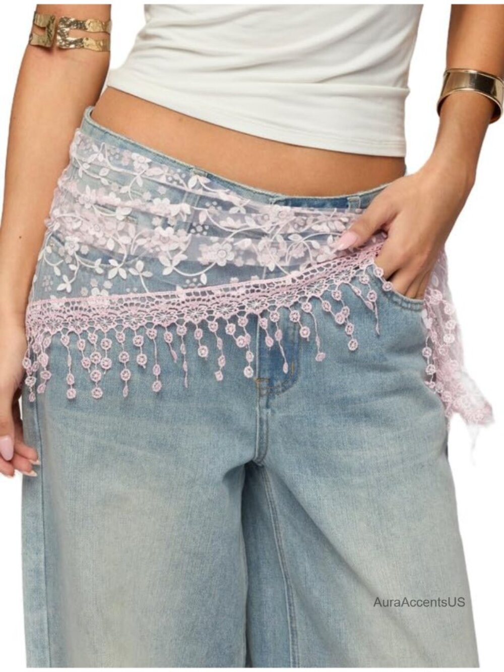 Lace Sheer Waist Scarf Wrap Skirt Cover for Pants // Y2K Boho Hip Scarf
